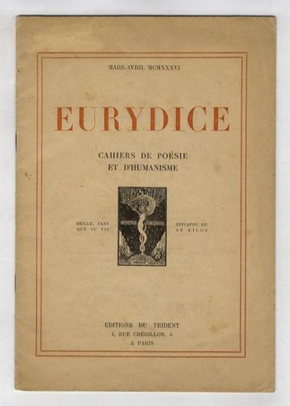 Eurydice. Cahiers de Poésie et d' Humanisme. N° 20, Mars-Avril MCMXXXVI - copertina