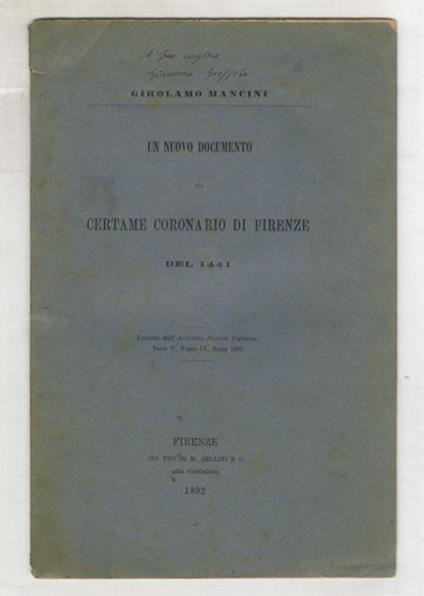 Un nuovo documento sul certame coronario di Firenze del 1441 - Girolamo Mancini - copertina