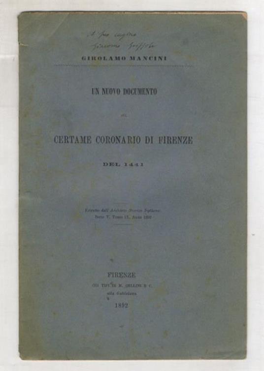 Un nuovo documento sul certame coronario di Firenze del 1441 - Girolamo Mancini - copertina
