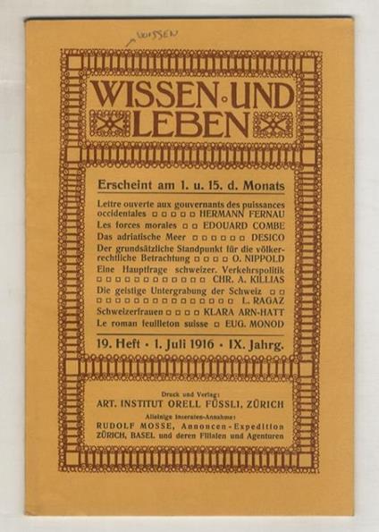 WISSEN und Leben. 19 Heft - 1 Juli 1916 - IX Jahrg - copertina