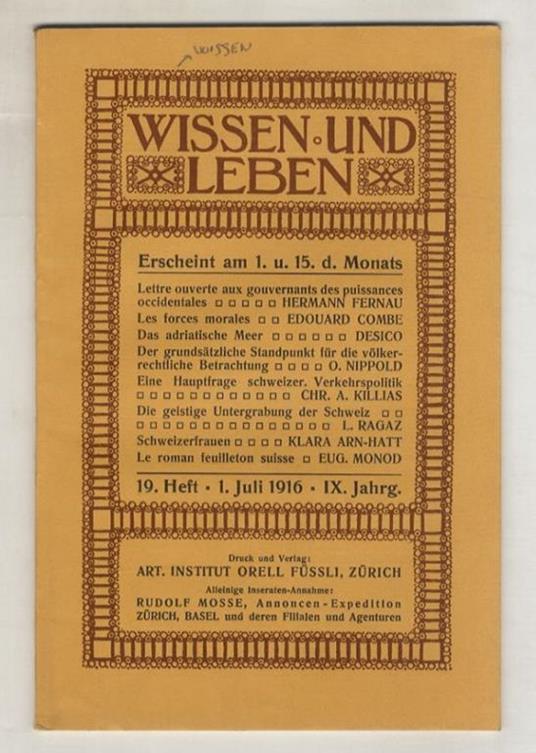 WISSEN und Leben. 19 Heft - 1 Juli 1916 - IX Jahrg - copertina