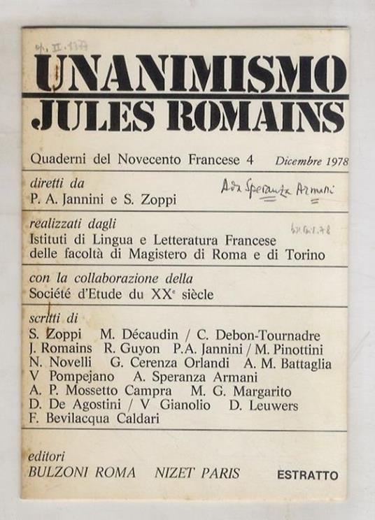 Un itinerario intellettualistico: Jules Romains alla "Nouvelle revue Française" - Ada Speranza Armani - copertina
