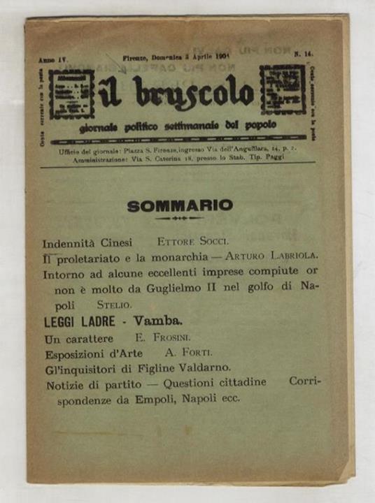 BRUSCOLO (IL) giornale politico settimanale del popolo. Anno IV. N. 14. Firenze, domenica 3 aprile 1904 - copertina