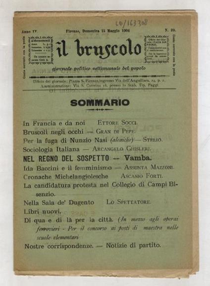 BRUSCOLO (IL) giornale politico settimanale del popolo. Anno IV. N. 20. Firenze, domenica 15 maggio 1904 - copertina