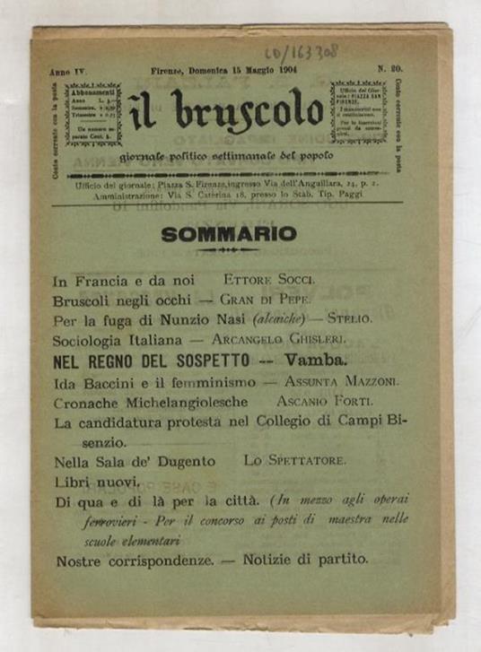 BRUSCOLO (IL) giornale politico settimanale del popolo. Anno IV. N. 20. Firenze, domenica 15 maggio 1904 - copertina