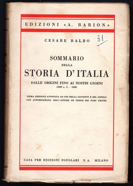 Sommario della Storia d'Italia. Dalle origini fino ai nostri giorni (2600 a. C. - 1848) - Cesare Balbo - copertina