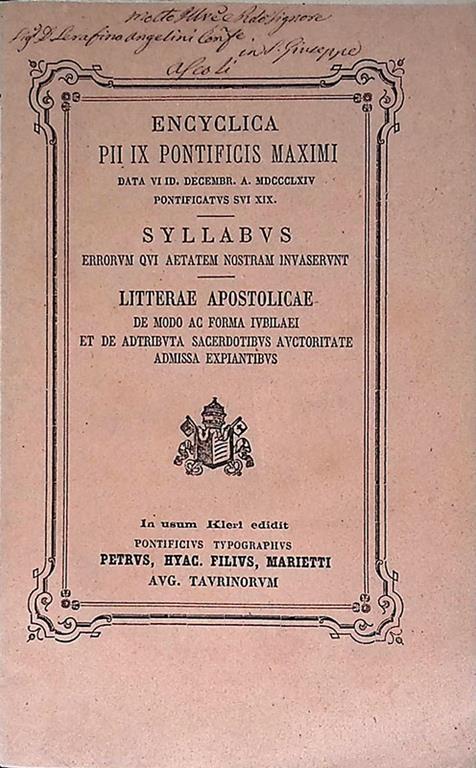 Encyclica Pii IX Pontificis Maximi. Data VI ID. Decembr. A. MDCCCLXIV Potificatus SVI XIX - copertina