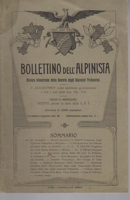 Bollettino dell'alpinista: rivista bimestrale della Società degli alpinisti tridentini: A. III - N. 2 - ottobre novembre 1906 - copertina