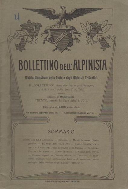 Bollettino dell'alpinista: rivista bimestrale della Società degli alpinisti tridentini: A. III - N.4 - febbraio 1907 - copertina