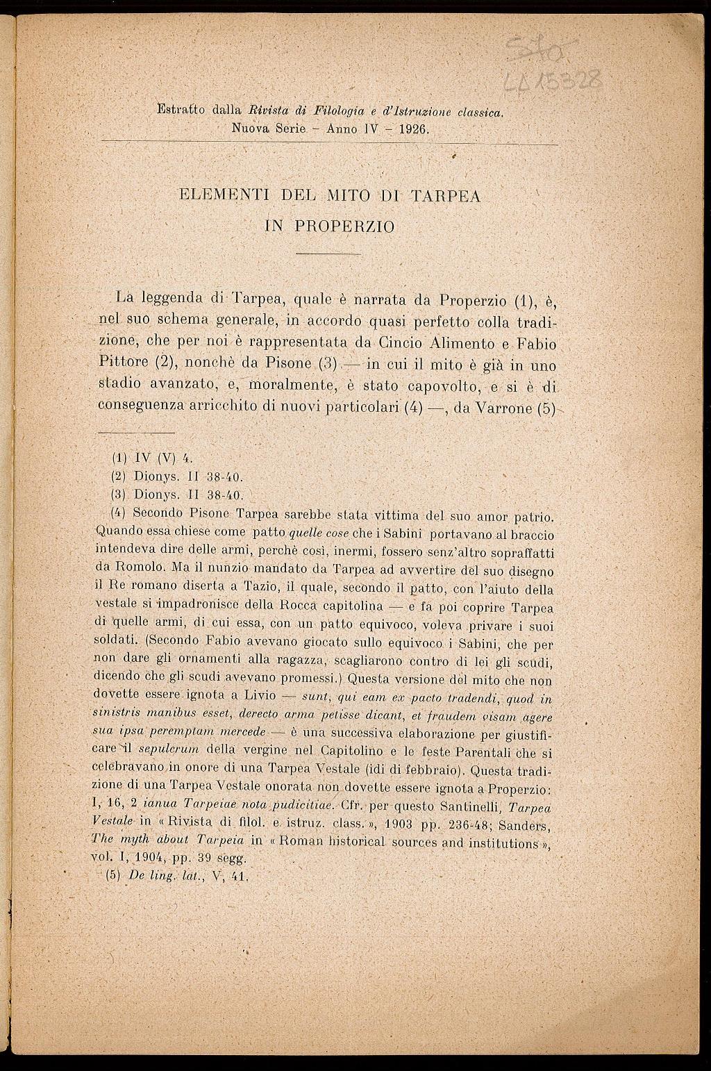 Elementi del mito di Tarpea in Properzio