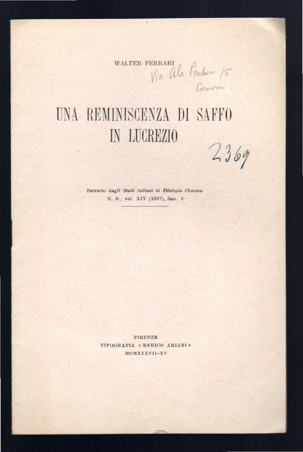 Una reminiscenza di Saffo in Lucrezio