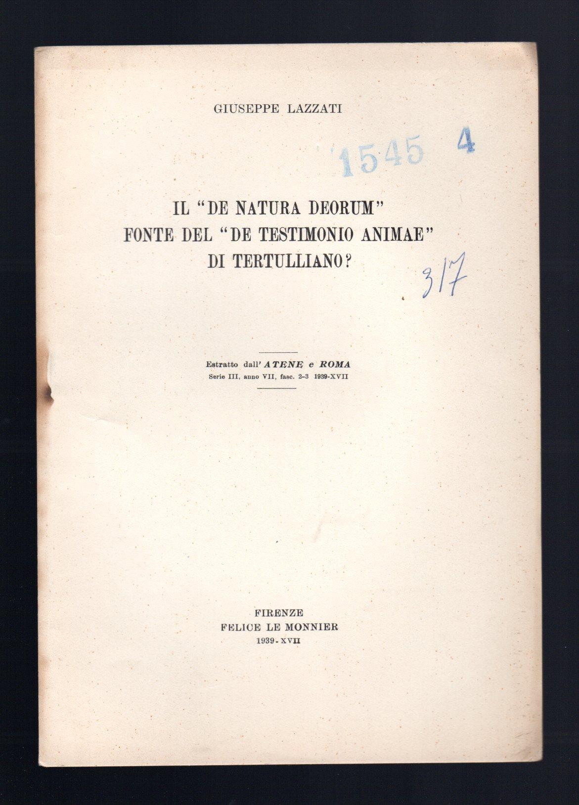 Il "De Natura deorum" fonte del "De testimonio animae" di Tertulliano?