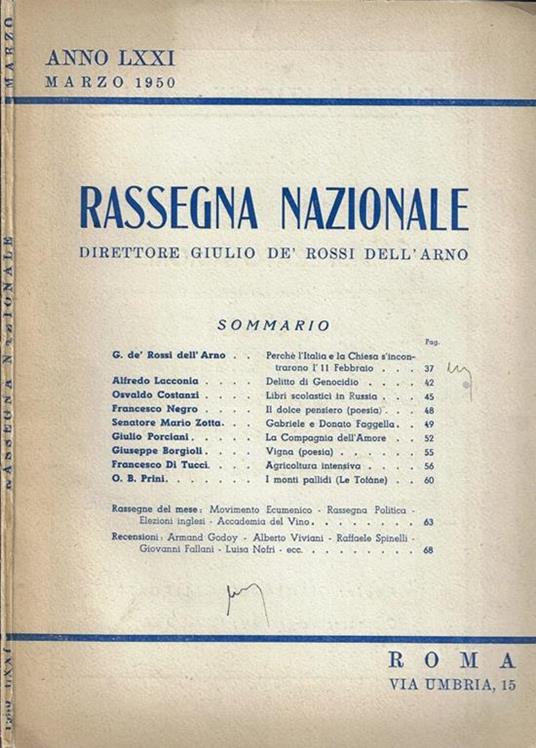 Rassegna nazionale Marzo 1950 - Giulio De Rossi Dell'Arno - copertina