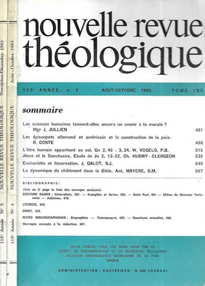 Nouvelle Revue Théologique 115° annee N. 4, 5 - Louis-Robert Casterman - copertina