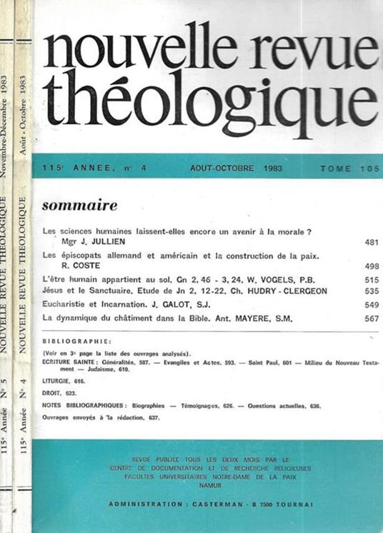 Nouvelle Revue Théologique 115° annee N. 4, 5 - Louis-Robert Casterman - copertina