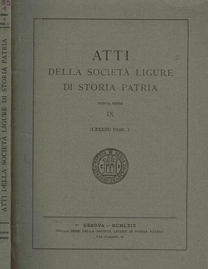 Atti della società ligure di storia patria. Nuova serie IX (LXXXIII) fasc.I - copertina