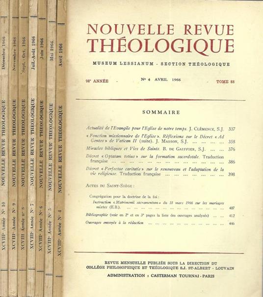 Nouvelle Revue Théologique 98° annee N. 4, 5, 6, 7, 8, 9, 10 - copertina
