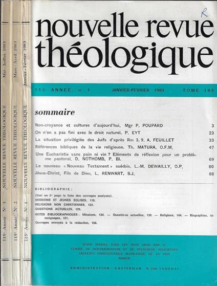 Nouvelle Revue Théologique 115° annee tome 105 N. 1, 2, 3 - copertina