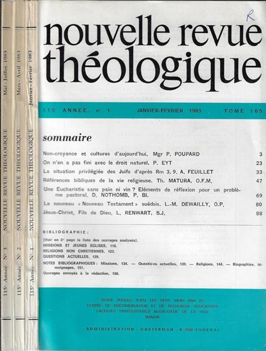 Nouvelle Revue Théologique 115° annee tome 105 N. 1, 2, 3 - copertina
