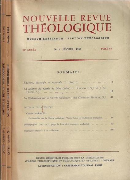 Nouvelle Revue Théologique 98° annee N. 1, 2 - copertina