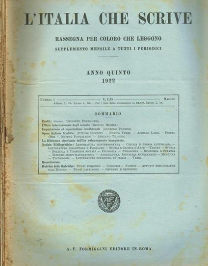 L' Italia che scrive. Rassegna per coloro che leggono. Supplemento mensile a tutti i periodici. Anno quinto, 1922, n.5, 6, 7, 9, 10 - copertina