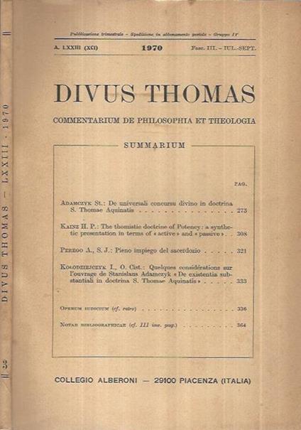 Divus Thomas Anno 1970 Fasc. III - copertina