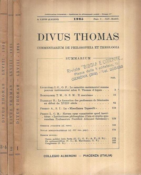 Divus Thomas Anno 1965 Fasc. I-II-III - copertina