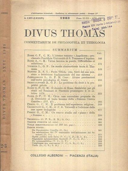 Divus Thomas Anno 1963 Fasc. II-III - copertina