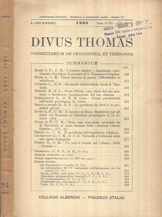 Divus Thomas Anno 1963 Fasc. II-III - copertina