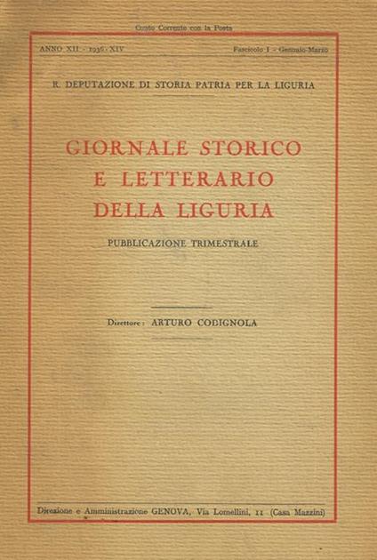 Giornale storico e letterario della Liguria. Pubblicazione trimestrale anno XI fasc.1, gennaio-marzo 1936 - Arturo Codignola - copertina