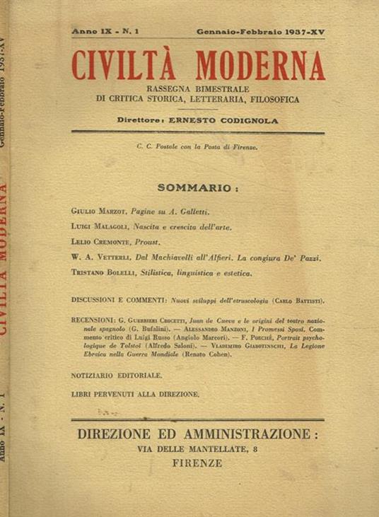 Civiltà moderna. Rassegna bimestrale di critica storica, letteraria, filosofica. Anno IX n.1 gennaio-febbraio 1937-XV - Ernesto Codignola - copertina