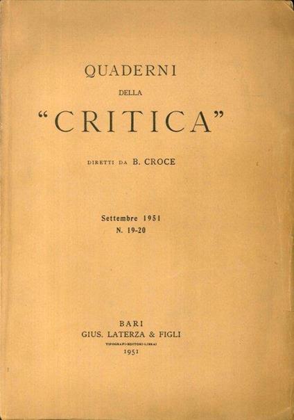 Quaderni della "critica" settembre 1951 n.19-20 - Benedetto Croce - copertina