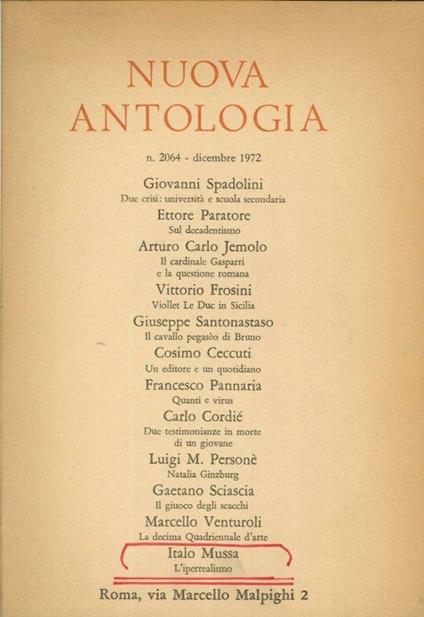 Nuova Antologia. Volume 516°. Fascicolo 2064 Decembre 1972 - copertina