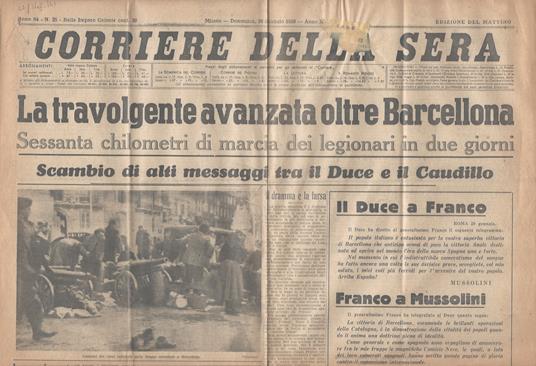 Corriere Della Sera. Anno 64, N. 25. Milano, 29 Gennaio 1939. Edizione Del Mattino - copertina