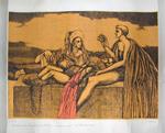 Grande acquaforte su fondo giallo, mm. 492x700 + margini bianchi. Raffigura una scena di ispirazione classica con tre personaggi dei quali uno disteso dormiente o morto su un muro è appoggiato al grembo d'una figura maschile seduta, mentre un figura femmi