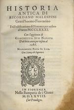 Historia antica di Ricordano Malespini gentil'huomo fiorentino. Dall'edificazione di Fiorenza per insino all'anno MCCLXXXI. Con l'aggiunta di Giachetto suo nipote dal detto anno per insino al 1286 Nuovamente posta in luce