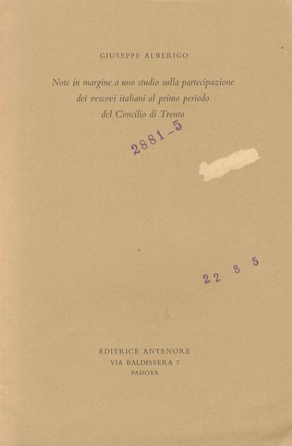 Note in margine a uno studio sulla partecipazione dei vescovi italiani al primo periodo del Concilio di Trento - Giuseppe Alberigo - copertina