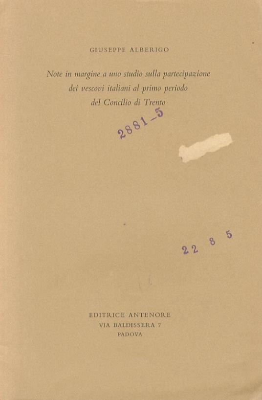Note in margine a uno studio sulla partecipazione dei vescovi italiani al primo periodo del Concilio di Trento - Giuseppe Alberigo - copertina