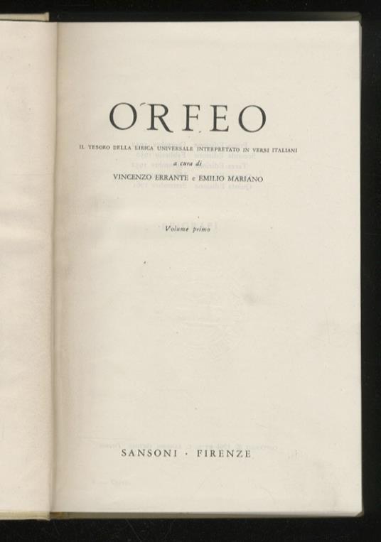 Orfeo. Il tesoro della lirica universale interpretato in versi italiani - Vincenzo Errante - copertina