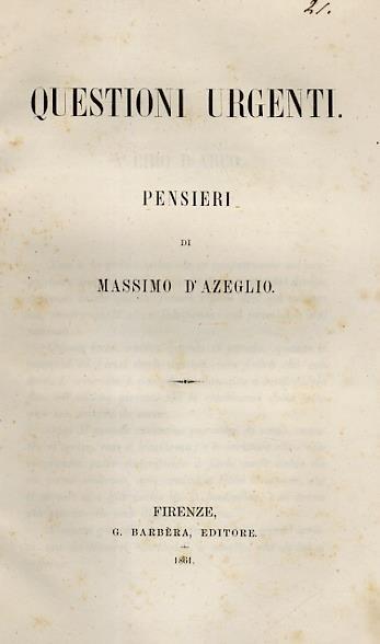 Questioni urgenti. Pensieri di Massimo D'Azeglio - Massimo D'Azeglio - copertina