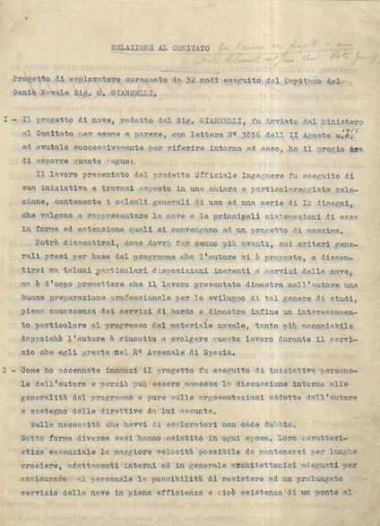 Relazione al Comitato per l'esame dei progetti di nave. Progetto di esploratore corazzato da 32 nodi eseguito dal Capitano del Genio Navale Sig. O. Giannelli - Giuseppe Rota - copertina