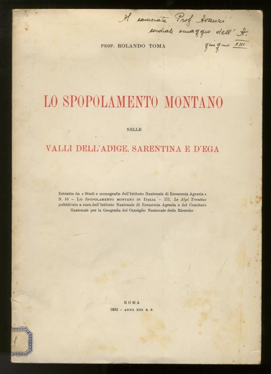 Lo spopolamento montano nelle Valli dell'Adige, Sarentina e d'Ega - Rolando Toma - copertina