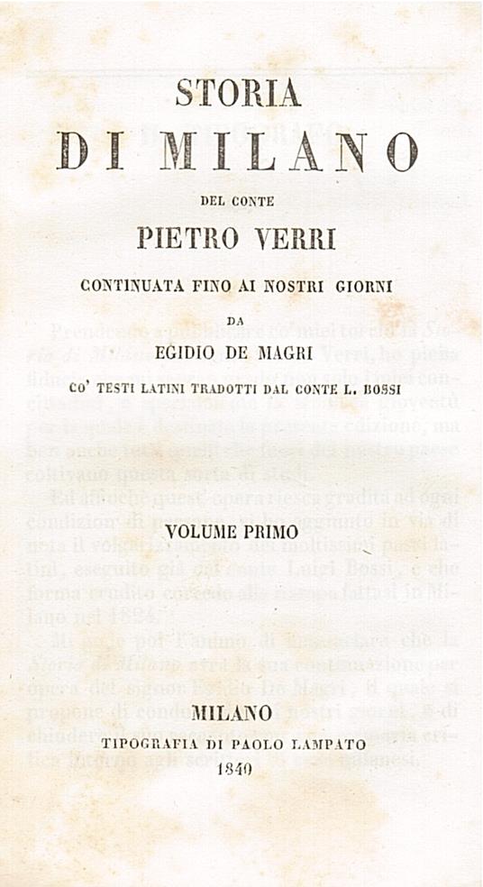Storia di Milano continuata fino ai nostri giorni da Egidio De Magri cò testi latini tradotti da L. Bossi. Volume primo Volume secondo. Volume terzo. Volume quinto - Pietro Verri - copertina