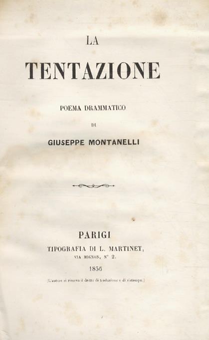 La tentazione. Poema drammatico di Giuseppe Montanelli - Giuseppe Montanelli - copertina