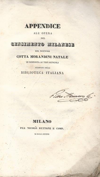 Appendice all'opera del censimento milanese del dottore Cotta Morandini Natale. in risposta ai tre articoli stampati nella Biblioteca Italiana. - copertina