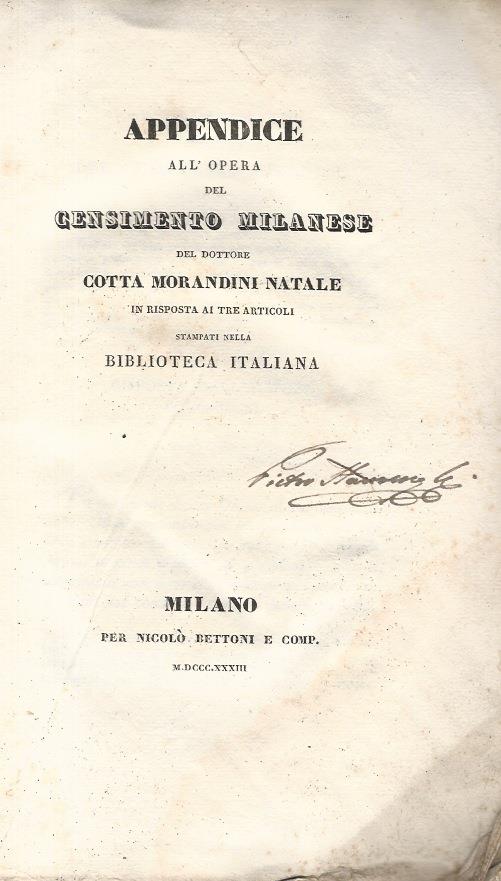 Appendice all'opera del censimento milanese del dottore Cotta Morandini Natale. in risposta ai tre articoli stampati nella Biblioteca Italiana. - copertina