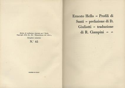 Profili di Santi. Prefazione di D. Giuliotti. Traduzione di R. Ciampini - E. Hello - copertina