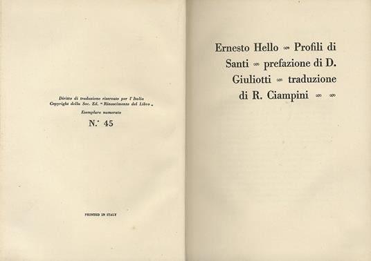 Profili di Santi. Prefazione di D. Giuliotti. Traduzione di R. Ciampini - E. Hello - copertina