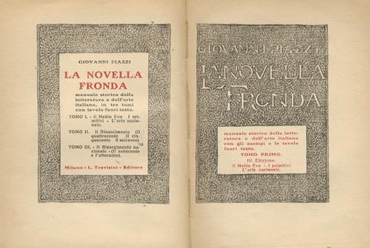 La Novella Fronda. Manuale storico della letteratura e dell'arte italiana con gli esempi e le tavole fuori testo. Tomo I. Il Medio Evo. I primitivi. L'arte nazionale. Tomo II. Il Rinascimento. (Il '400. Il '500. Il '600). Tomo III. Il Risorgim - Giovanni Piazzi - copertina