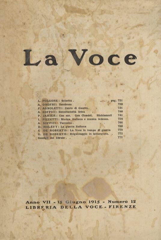 VOCE (LA). Diretta da G. De Robertis. Anno VII. 15 giugno 1915. Numero 12 - copertina